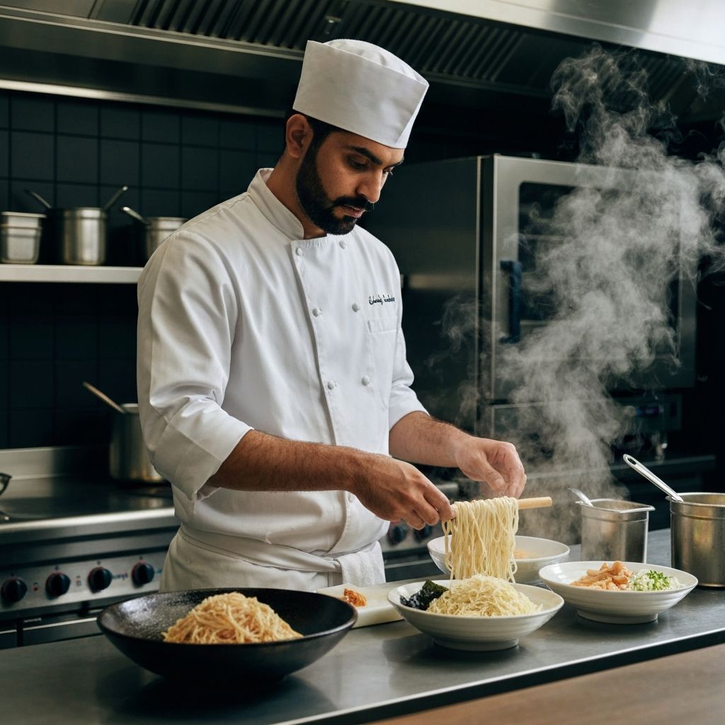 طاهٍ عربي ماهر يحضر رامن ياباني أصيل في مطعم عصري